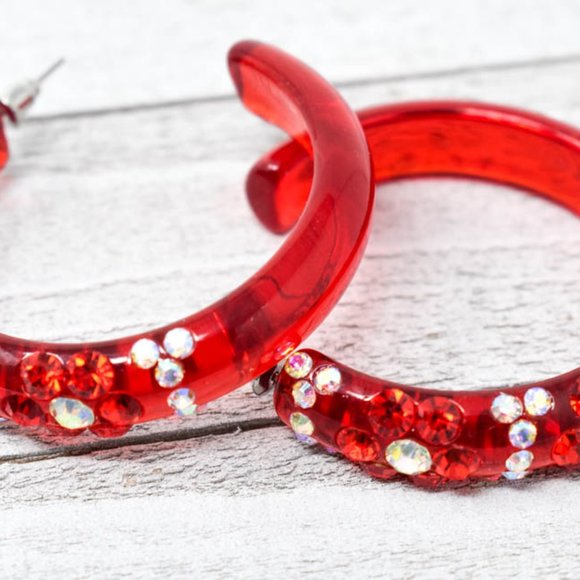 2" Flower Pattern Red Lucite Rhinestone Earrings - Picture 11 of 11